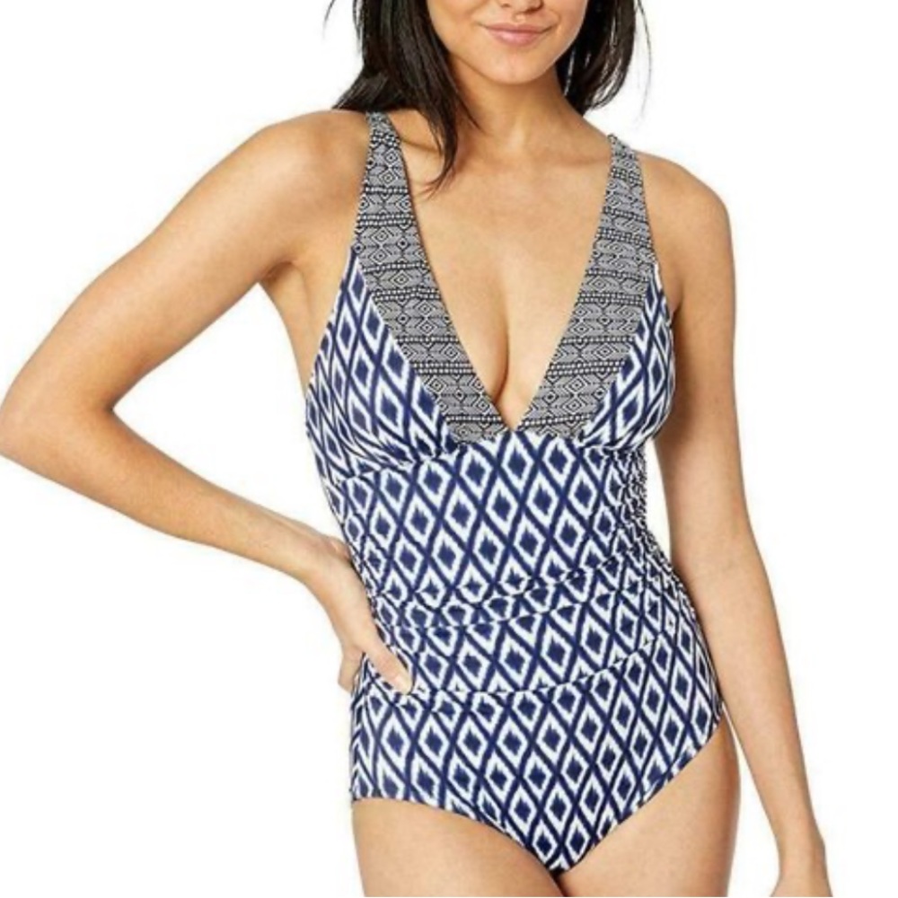 COASTAL BLUE Women's modest One Piece Diamond pattern swimsuit sz M (8-10) NWT